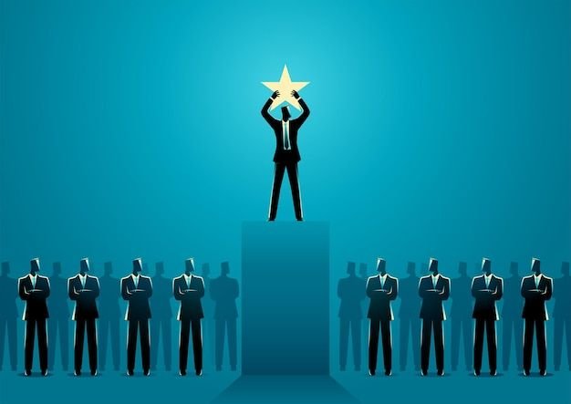 Illustration of a person on a pedestal holding a star above a crowd of silhouetted figures.