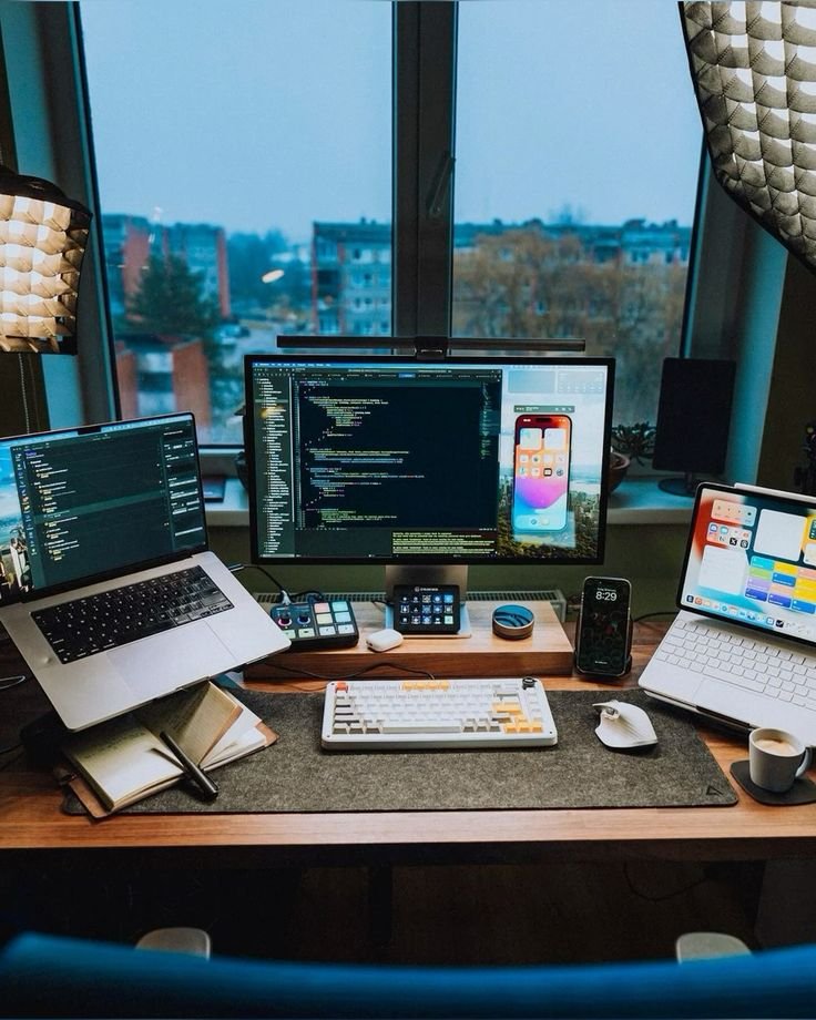 2. A sleek desk setup with three computers and a laptop, representing a dynamic work environment at Digitixel Marketing.
