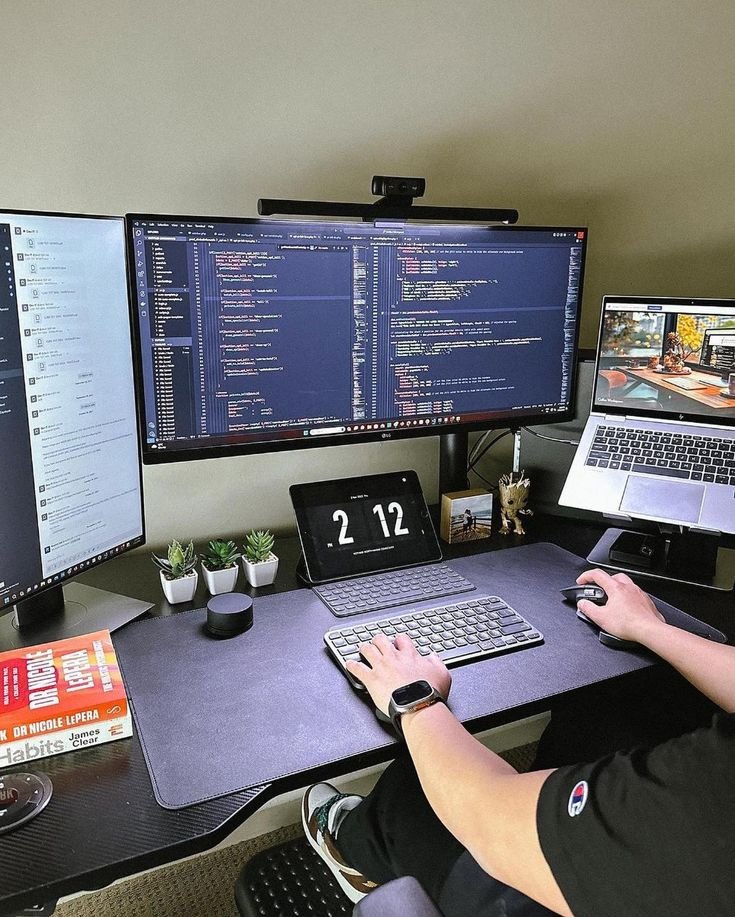  A focused man at a desk with dual monitors and a laptop, optimizing SEO strategies for Digitixel Marketing.
