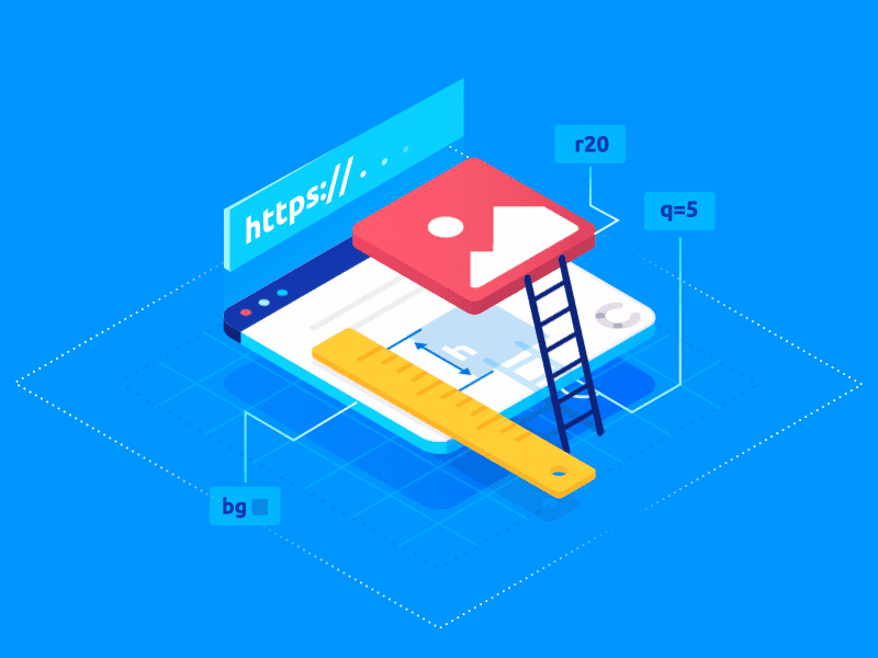 Illustration of web design elements: a browser window, image icon, ruler, ladder, and URL bar on a blue background.